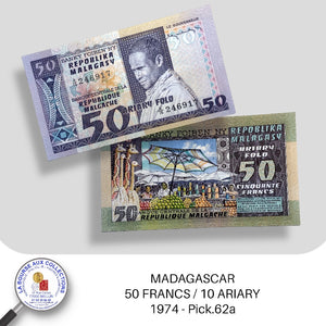 MADAGASCAR - 50 FRANCS / 10 ARIARY 1974 - Pick.62a - NEUF