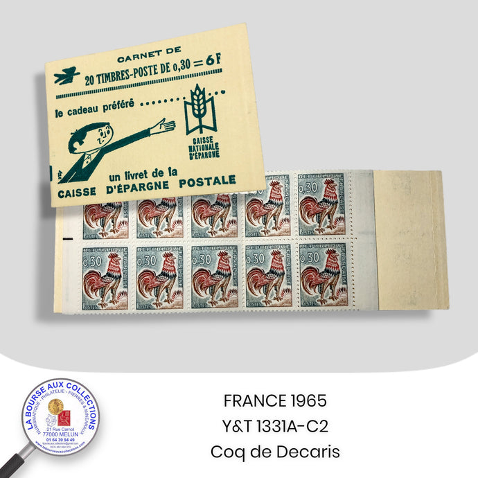 1965 - Y&T 1331A-C2 - Carnet CAISSE D'EPARGNE POSTAL vert - 20 timbres Coq de Decaris