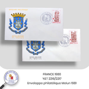 FRANCE 1980 - Y&T 2116/2117 sur enveloppe philatélique MELUN Journée du timbre 07/03/1981