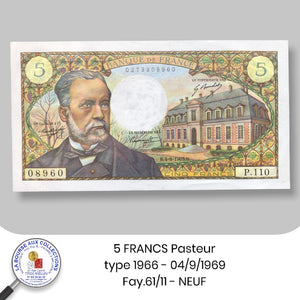 5 FRANCS Pasteur type 1966 - 04/9/1969. Fay.61/11 - NEUF / UNC