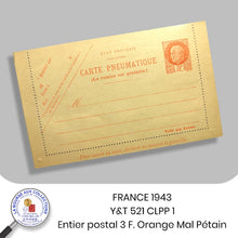 Charger l&#39;image dans la galerie, FRANCE 1942 - Y&amp;T 521 CLPP 1 - Entier postal 3 F. orange Maréchal Pétain
