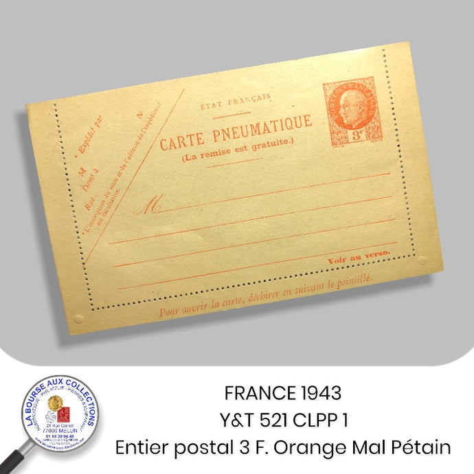 FRANCE 1942 - Y&T 521 CLPP 1 - Entier postal 3 F. orange Maréchal Pétain