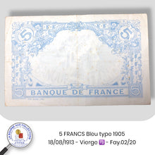 Charger l&#39;image dans la galerie, 5 FRANCS Bleu type 1905 - 18/08/1913 - Vierge ♍ - Fay.02/20

