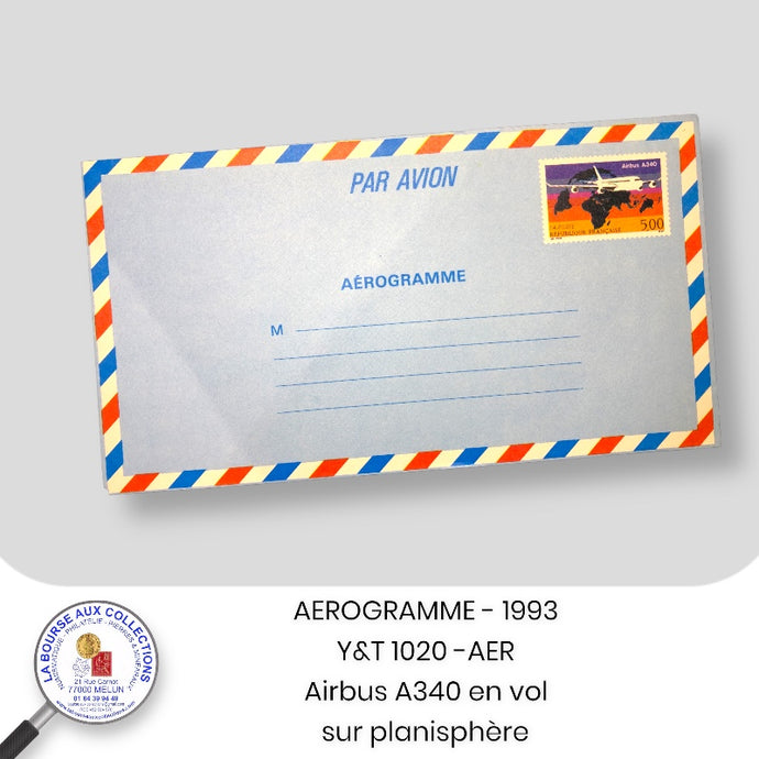 AEROGRAMME - 1993 - Y&T 1020-AER - 5 F. 00 Airbus A340 en vol, sur planisphère - NEUF **
