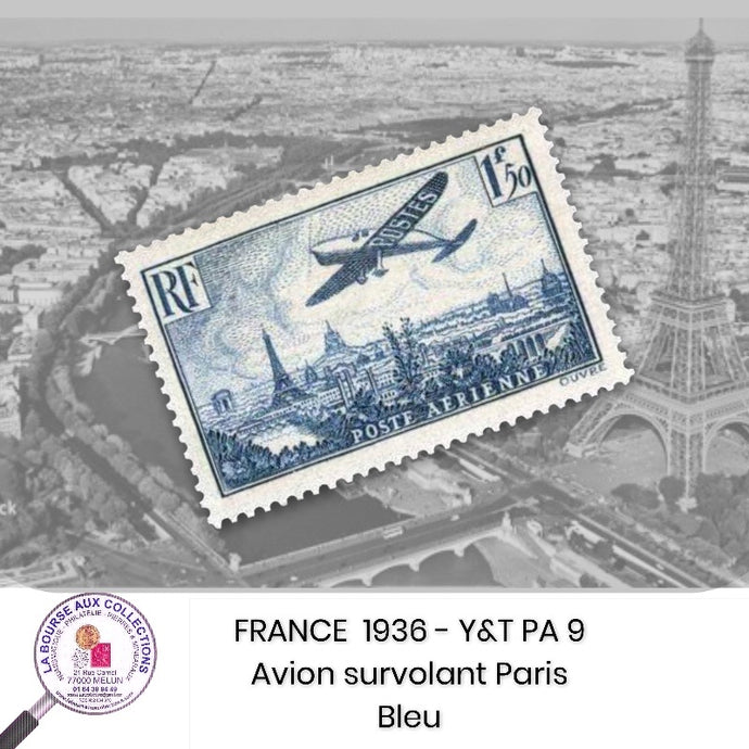 1936 - Y&T PA 9 - Avion survolant Paris - Bleu