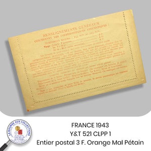 FRANCE 1942 - Y&T 521 CLPP 1 - Entier postal 3 F. orange Maréchal Pétain