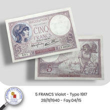 Charger l&#39;image dans la galerie, 5 FRANCS Violet type 1917 modifié - 28/11/1940 - Fay.04/15 NEUF
