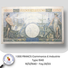 Charger l&#39;image dans la galerie, 1 000 FRANCS Commerce et Industrie type 1940 – 19/12/1940 - Fay.39/03
