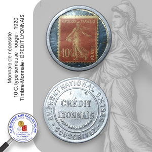 Monnaie de nécessité - 10 C. type semeuse - rouge -  1920 -Timbre-Monnaie - CREDIT LYONNAIS