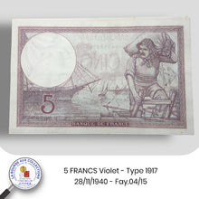 Charger l&#39;image dans la galerie, 5 FRANCS Violet type 1917 modifié - 28/11/1940 - Fay.04/15 NEUF
