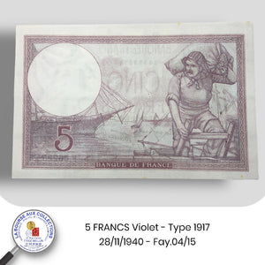 5 FRANCS Violet type 1917 modifié - 28/11/1940 - Fay.04/15 NEUF