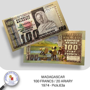 MADAGASCAR - 100 FRANCS / 20 ARIARY 1974 - Pick.63a - NEUF