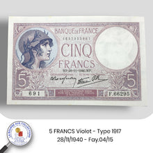 Charger l&#39;image dans la galerie, 5 FRANCS Violet type 1917 modifié - 28/11/1940 - Fay.04/15 NEUF
