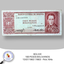 Charger l&#39;image dans la galerie, BOLIVIE - 100 PESOS BOLIVIANOS - 13/07/1962 (1983) - Pick.164a
