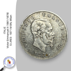 ITALIE - Victor Emmanuel II (1861/1878) - 5 LIRES - 1871 M-BN, Milan