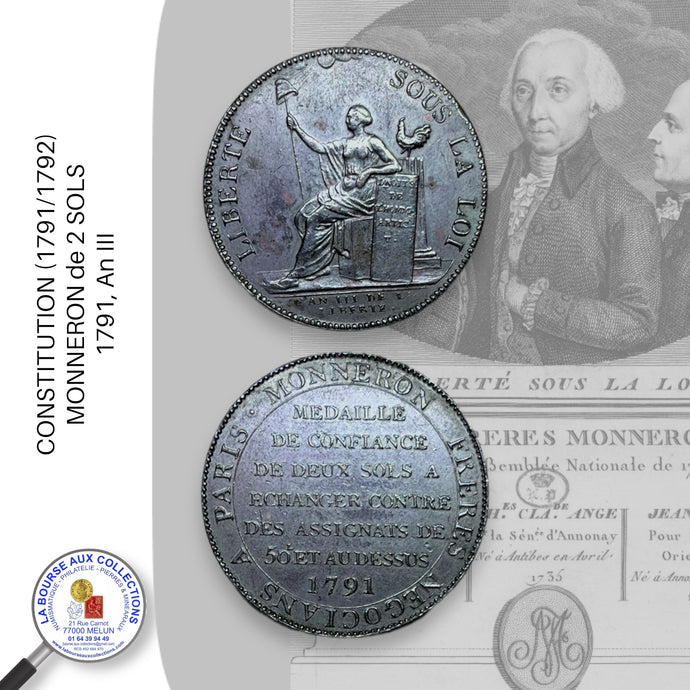 CONSTITUTION (1791/1792) - MONNERON de 2 SOLS - 1791, An III