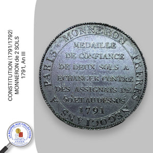 CONSTITUTION (1791/1792) - MONNERON de 2 SOLS - 1791, An III