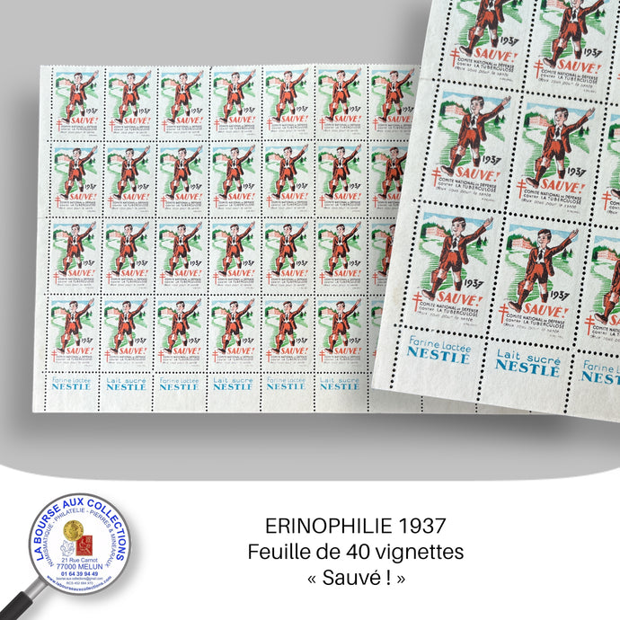 ERINOPHILIE - France 1937 - Feuille 40 vignettes « Sauvé !» - Neuf **