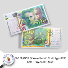 Charger l&#39;image dans la galerie, 500 FRANCS Pierre et Marie Curie type 1993 - 1994  - Fay.76/01 - NEUF / UNC

