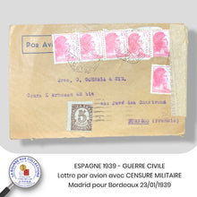 Charger l&#39;image dans la galerie, ESPAGNE 1939 - GUERRE CIVILE - Lettre par avion avec CENSURE MILITAIRE - Madrid pour Bordeaux 23/01/1939
