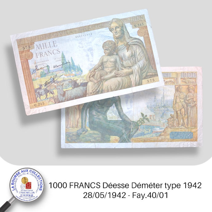 1000 FRANCS Déesse Déméter type 1942 - 28/05/1942 - Fay.40/01