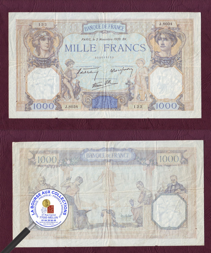 1000 FRANCS Cérès et Mercure type 1927 mod. 02/11/1939 / La Bourse aux Collections Numismate Melun