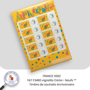 Personnalisés 2002 - Y&T F3480A  - Mini-feuille timbre de souhaits : Anniversaire / vignette Cérès  - NEUFS **