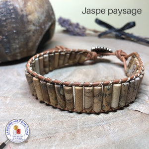 Bracelet cuir et perles tubes - JASPE PAYSAGE - Madagascar