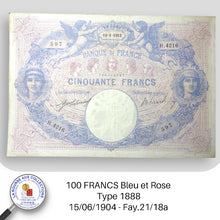 Charger l&#39;image dans la galerie, 50 FRANCS Bleu et Rose type 1889 - 19/01/1912 - Fay.14/25
