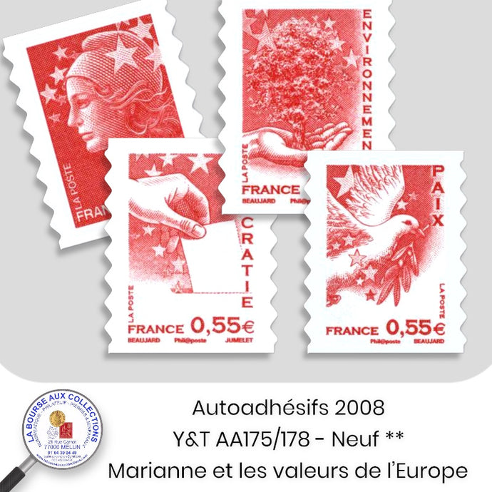 2008 - Autoadhésifs -  Y&T n° AA 175/178  - Marianne et les valeurs de l'Europe - Neufs **