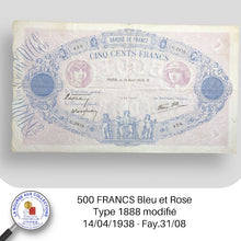Charger l&#39;image dans la galerie, 500 FRANCS Bleu et Rose, type 1888 modifié - 14/04/1938 - Fay.31/08

