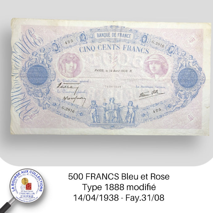 500 FRANCS Bleu et Rose, type 1888 modifié - 14/04/1938 - Fay.31/08