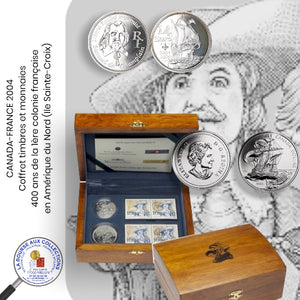CANADA-FRANCE 2004 - Coffret timbres et monnaies - 400 ans de la 1ère colonie française en Amérique du Nord (Ile Sainte-Croix)