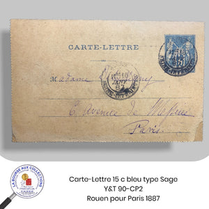 ENTIERS POSTAUX - Carte-lettre 15 c bleu, type Sage - Y&T n° 90-CP2 - Rouen pour Paris 1887