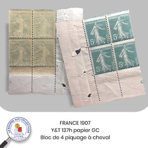 FRANCE 1907- Y&T n° 137h- Bloc de 4, papier GC, variété piquage à cheval - Neuf **