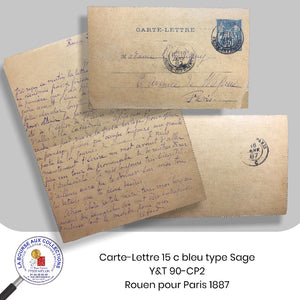 ENTIERS POSTAUX - Carte-lettre 15 c bleu, type Sage - Y&T n° 90-CP2 - Rouen pour Paris 1887