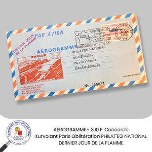 AEROGRAMME - 3.10 F. Concorde survolant Paris - Oblitération PHILAT'EG NATIONAL, dernier jour de ma flamme postale