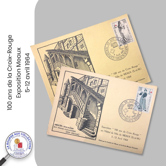 1964 - Cartes postales philatéliques - Exposition 100 ANS DE LA CROIX-ROUGE - Meaux (77)
