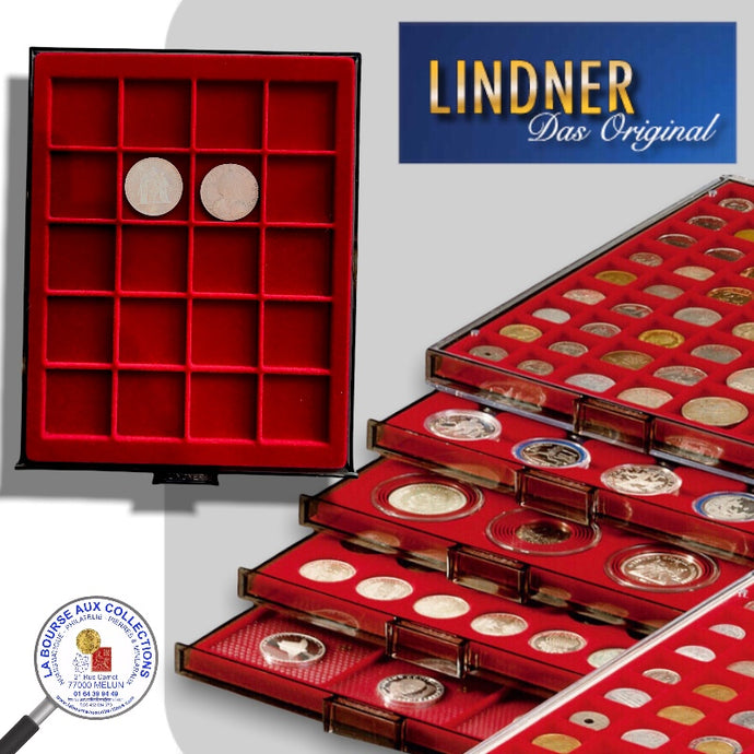 Lindner - BOX MONNAIES empilable - 20 cases carrées pour monnaies jusqu'à Ø 47 mm